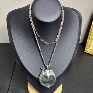 Owl Silver Tone Vintage Magnifying Glads Long Necklace